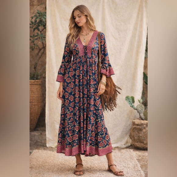 Anthropologie x Boemo Floral Bohemian Flowy Maxi Dress Size Medium - Picture 2 of 16